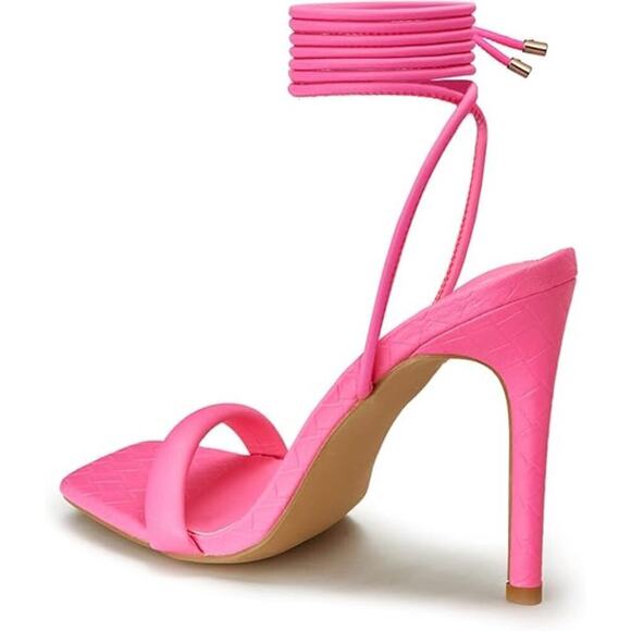 Strappy Lace up Stilletos High Heel Sandals Women Tie up Heels Neon Pink Sz 9.5 - Picture 3 of 6